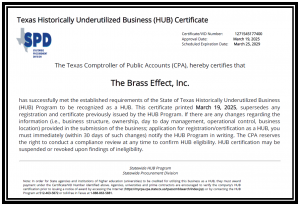 Official State of Texas VetHUB Certificate for The Brass Effect Inc proving Service-Disabled Veteran Status (SDVOSB) valid through March 2029 for Frisco and Denton procurement.